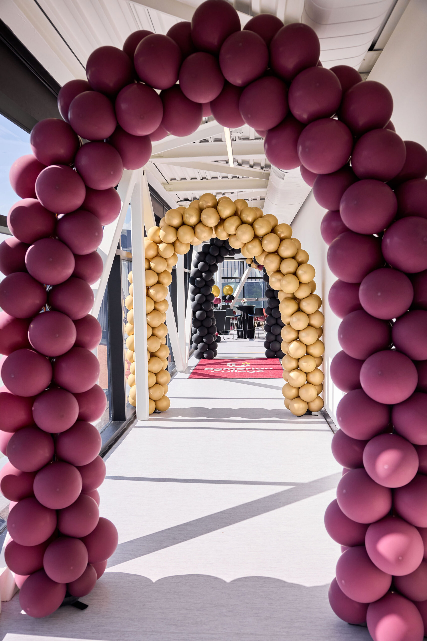 A hallway decorated with three balloon arches in purple, gold, and black. Sunlight illuminates the space.