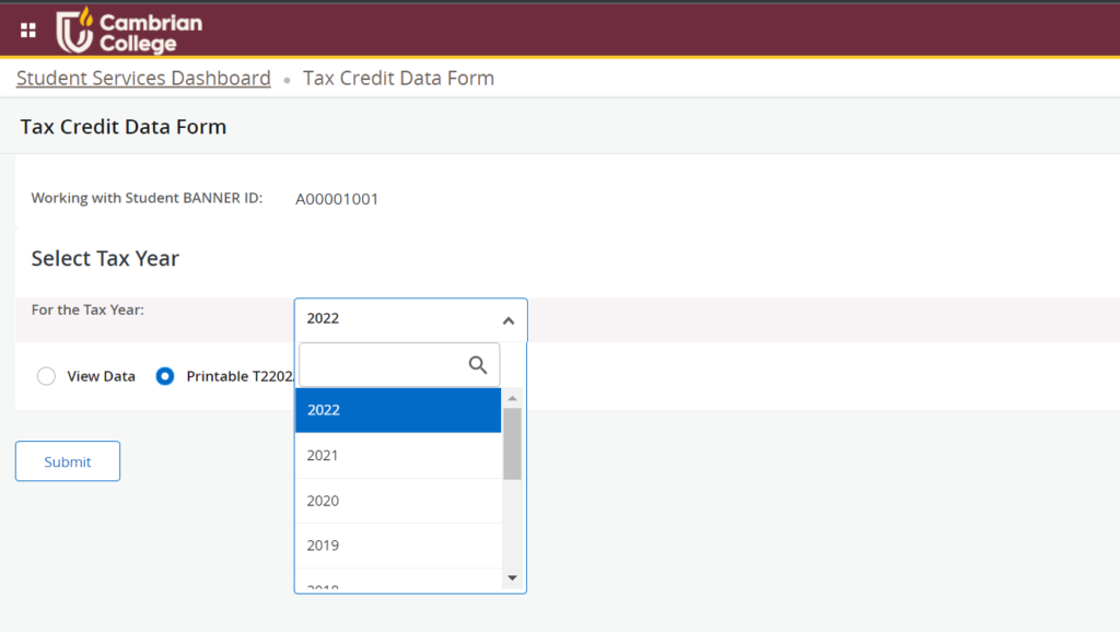 Instructional image showing how to choose the correct year for the T2202 form on myCambrian.