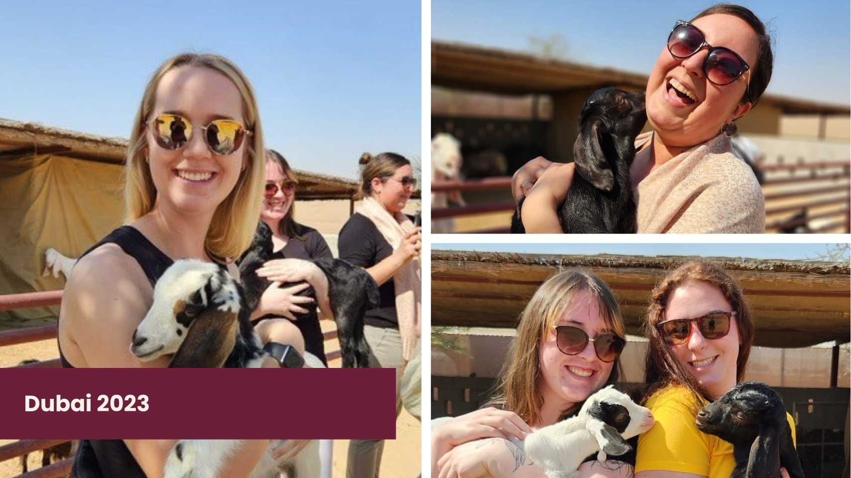 Three students in sunglasses, part of the Cambrian College Global Skills Opportunity, hold baby goats at an outdoor location in Dubai, 2023. Two collage-style photos capture close-ups of the students smiling with the animals.
