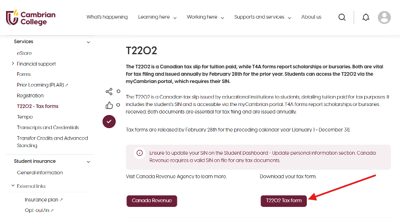 Screenshot of Cambrian College T2202 and T4A Information webpage, with a red arrow pointing to the "T2202 Tax form" download button.