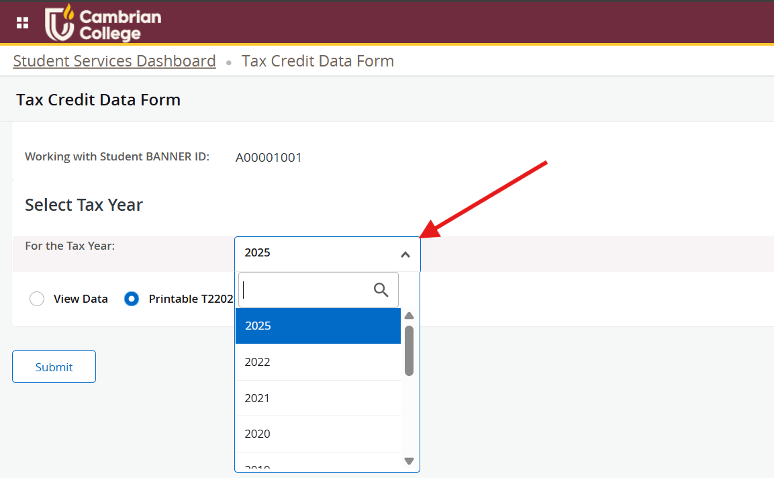 A dropdown menu on the Cambrian College T2202 and T4A Information tax form webpage displays tax year options, with 2025 highlighted and a red arrow indicating the menu.
