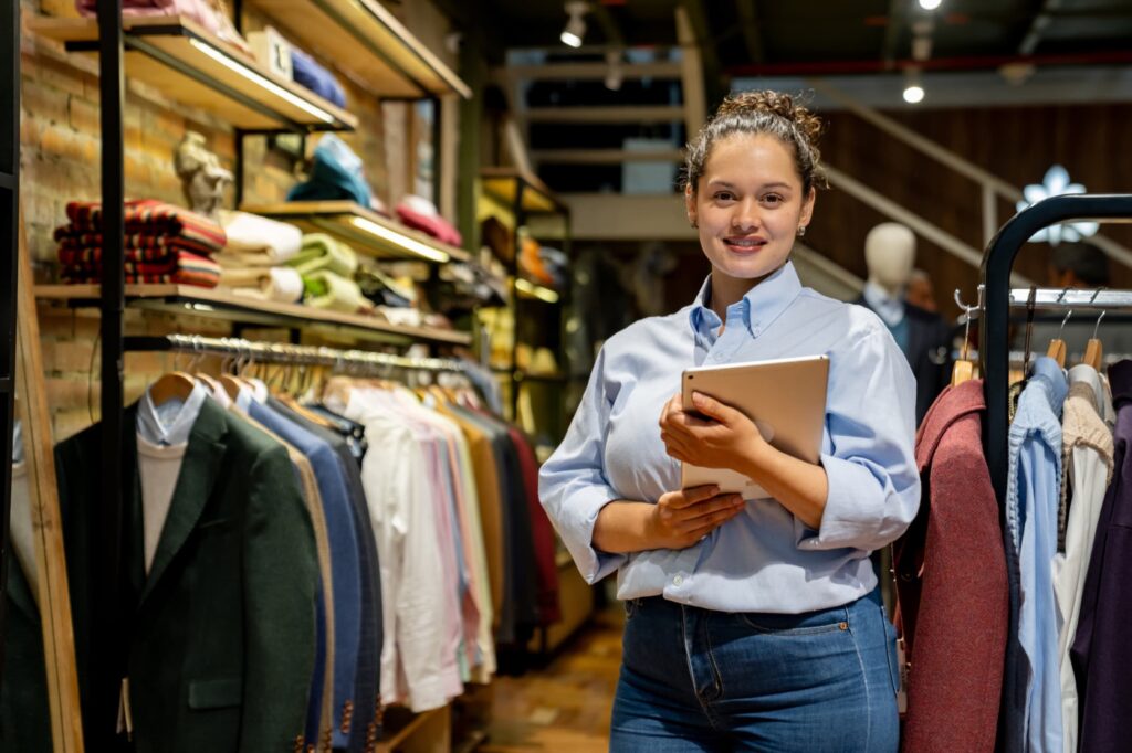 A person stands in a clothing store holding a tablet, surrounded by racks of clothes with shelves of folded garments in the background.